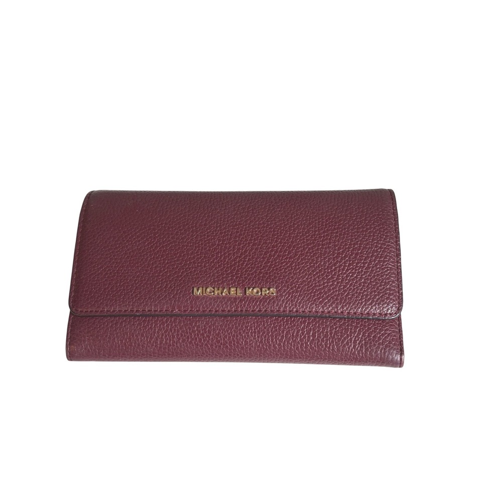 Michael Kors Plum Pebbled Leather Trifold Wallet Gold Hardware Slim Clutch Bag